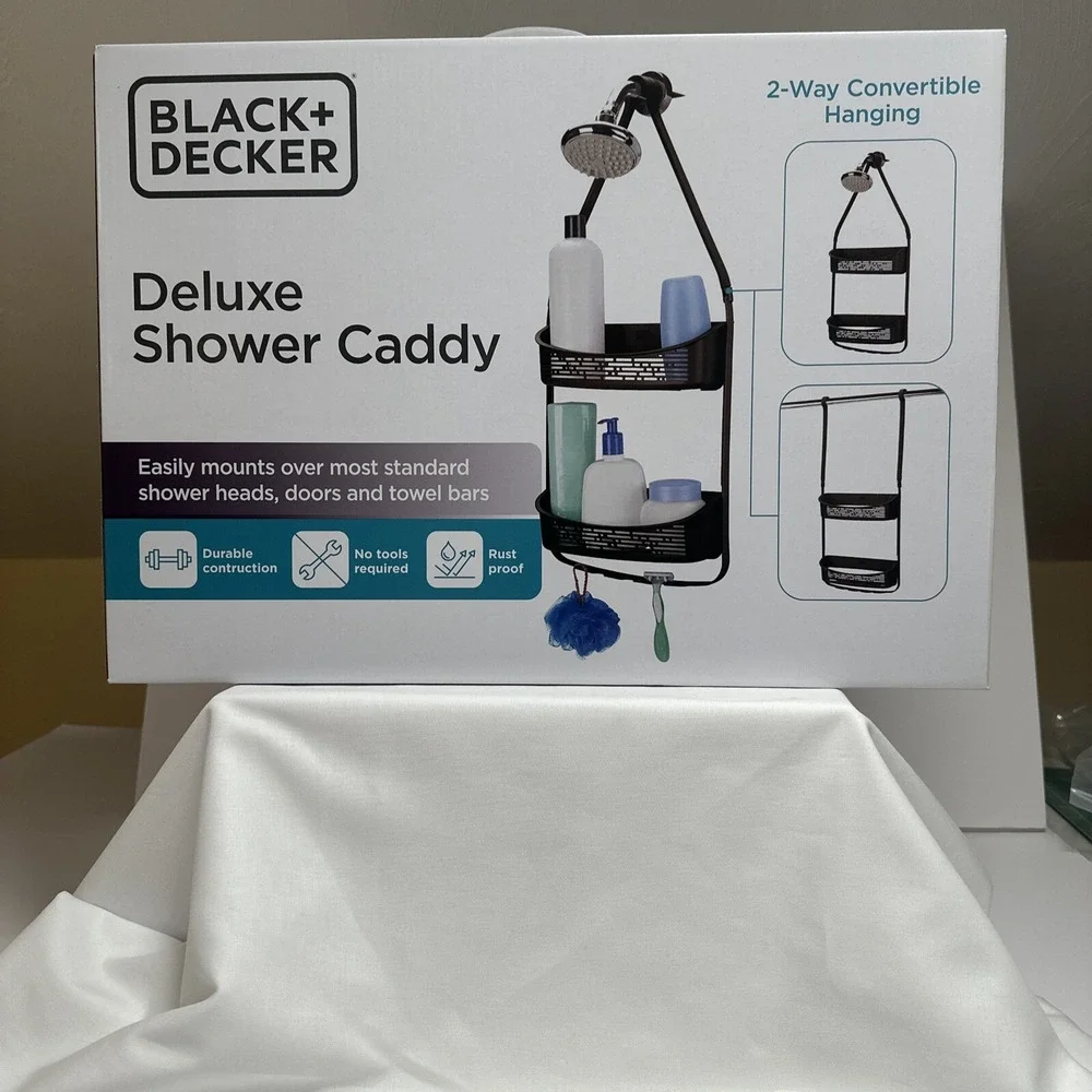 Black & Decker -Deluxe Shower Caddy Black, 2-Way convertible Hanging, Anti-Swing
